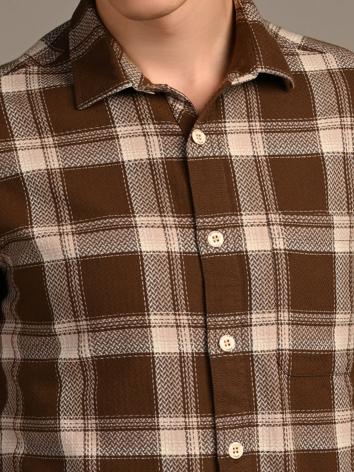 Full Sleeves Straight Fit Brown Heavy Textured Checks Shirt
