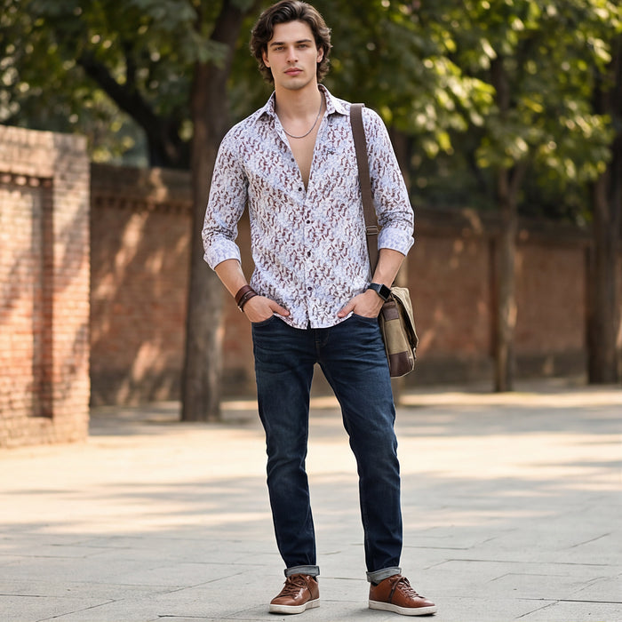 Full Sleeves Straight Fit Coffee All-Over Abstract Geometric Pure Linen Print Shirt