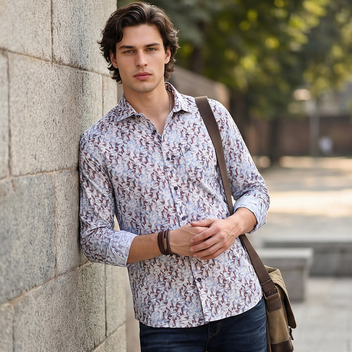 Full Sleeves Straight Fit Coffee All-Over Abstract Geometric Pure Linen Print Shirt