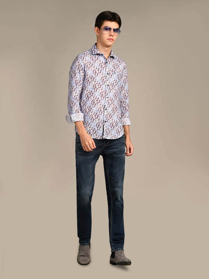 Full Sleeves Straight Fit Coffee All-Over Abstract Geometric Pure Linen Print Shirt