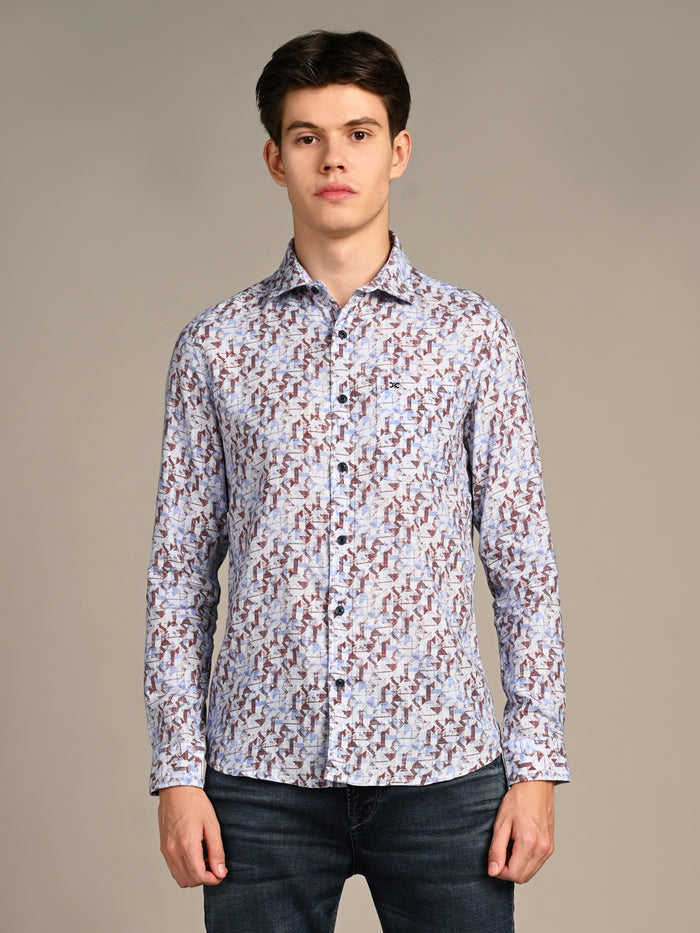 Full Sleeves Straight Fit Coffee All-Over Abstract Geometric Pure Linen Print Shirt