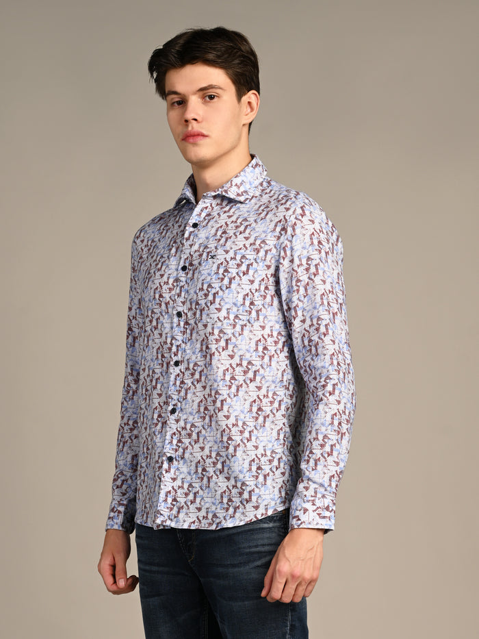 Full Sleeves Straight Fit Coffee All-Over Abstract Geometric Pure Linen Print Shirt