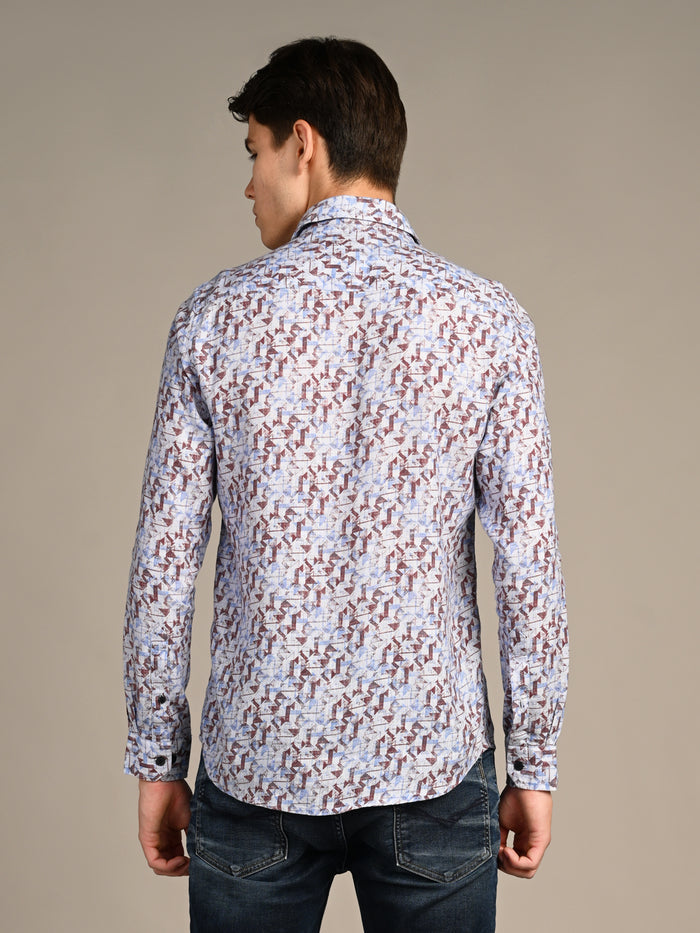 Full Sleeves Straight Fit Coffee All-Over Abstract Geometric Pure Linen Print Shirt