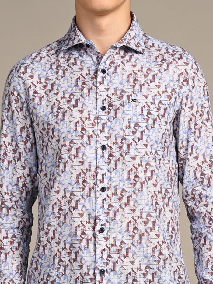 Full Sleeves Straight Fit Coffee All-Over Abstract Geometric Pure Linen Print Shirt