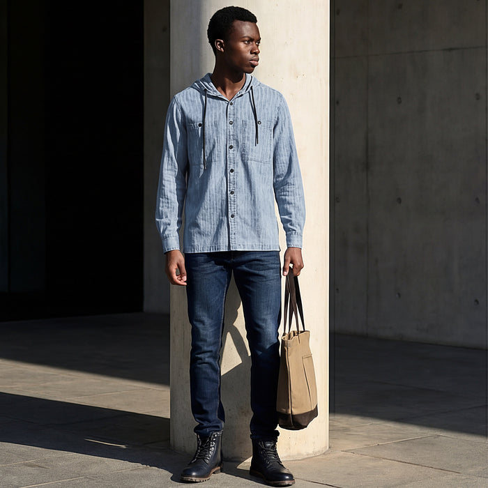Full Sleeves Straight Fit Light Blue washed Double Pocket Hoodie Indigo Solid Shirt