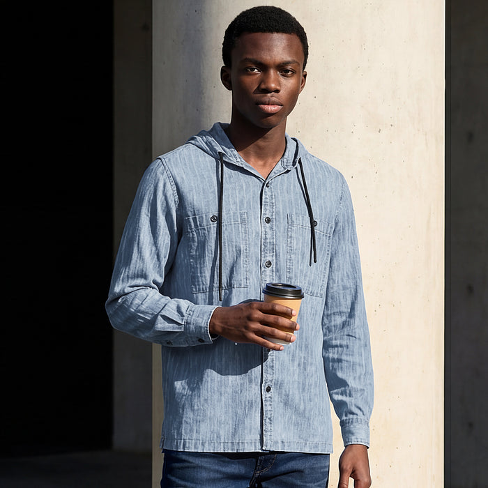 Full Sleeves Straight Fit Light Blue washed Double Pocket Hoodie Indigo Solid Shirt