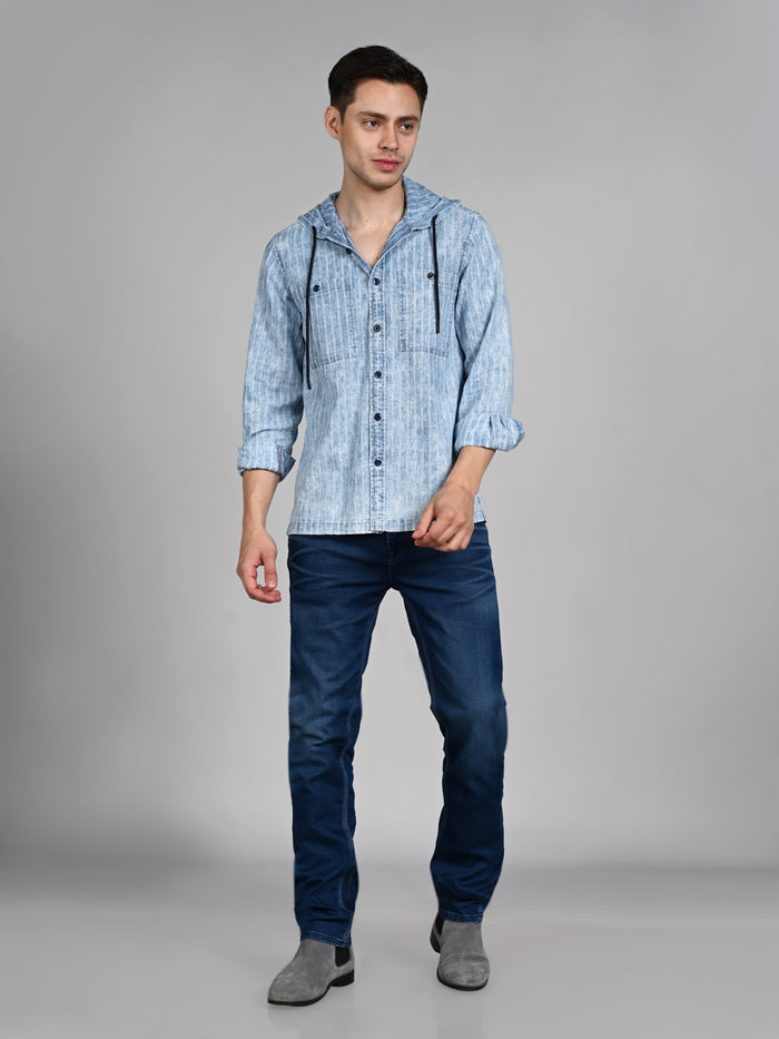 Full Sleeves Straight Fit Light Blue washed Double Pocket Hoodie Indigo Solid Shirt