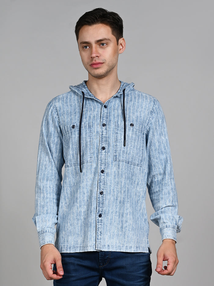 Full Sleeves Straight Fit Light Blue washed Double Pocket Hoodie Indigo Solid Shirt
