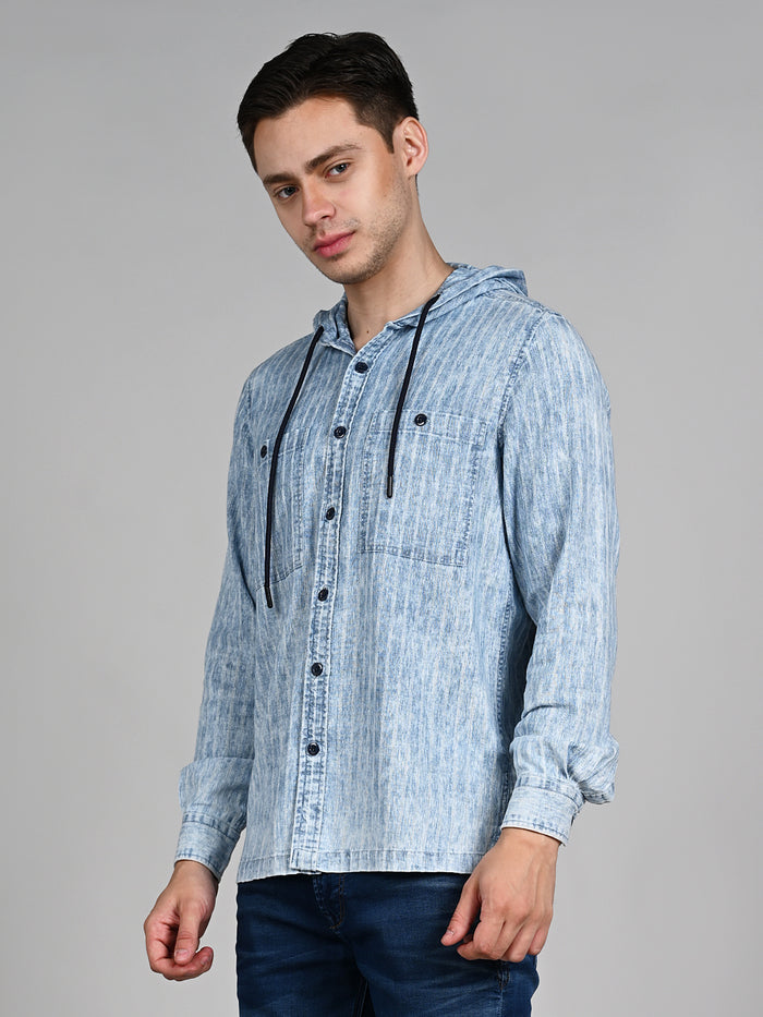 Full Sleeves Straight Fit Light Blue washed Double Pocket Hoodie Indigo Solid Shirt