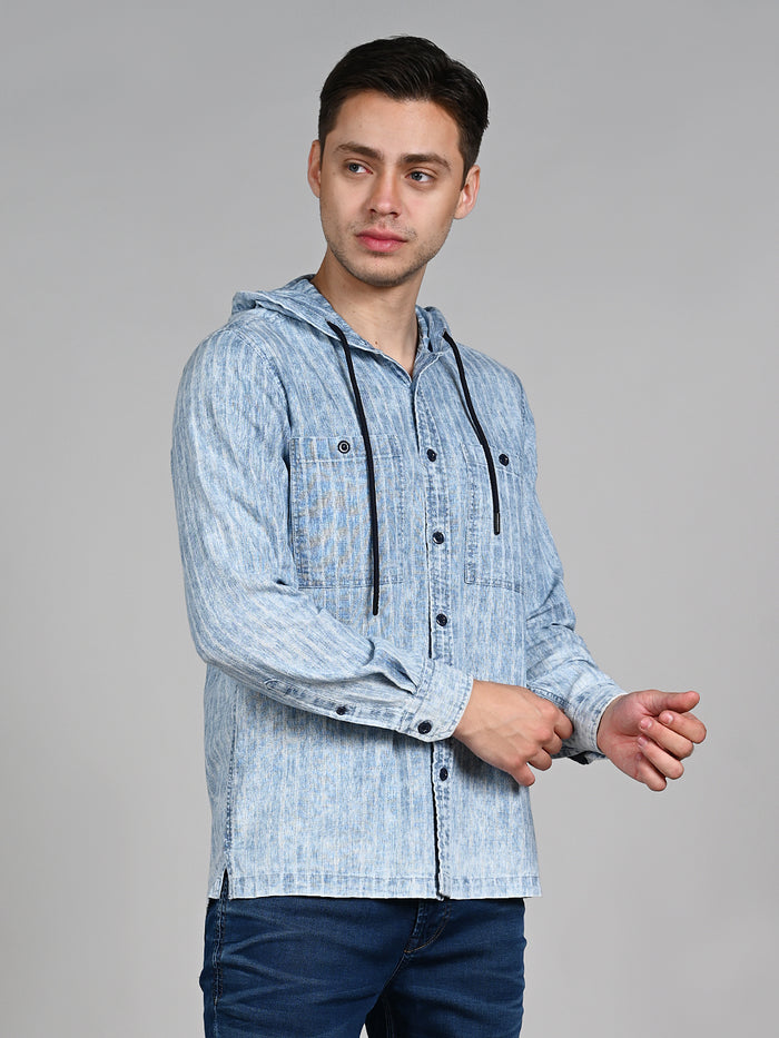 Full Sleeves Straight Fit Light Blue washed Double Pocket Hoodie Indigo Solid Shirt