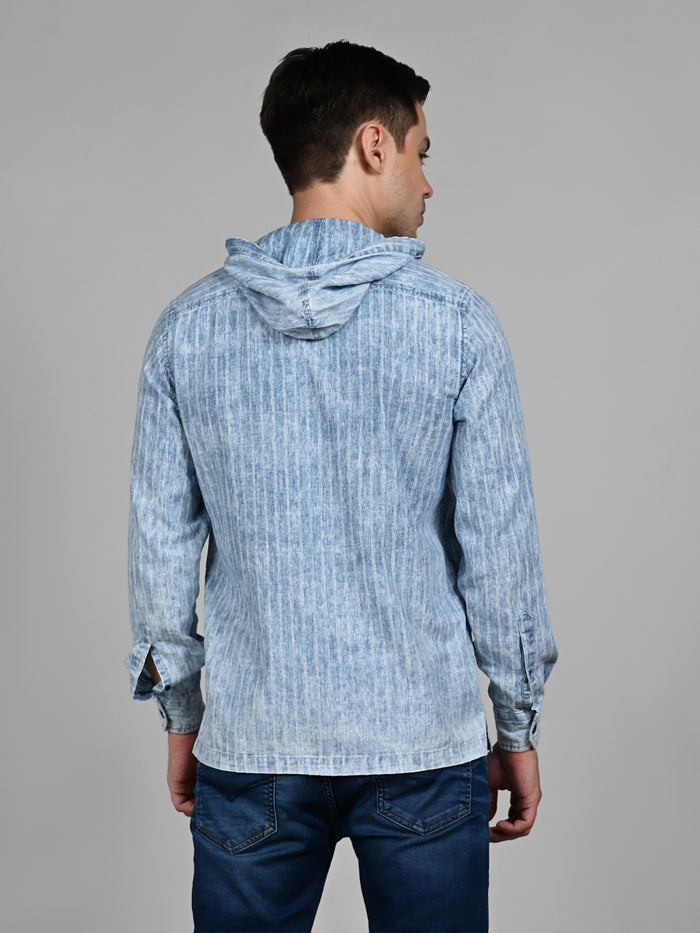 Full Sleeves Straight Fit Light Blue washed Double Pocket Hoodie Indigo Solid Shirt