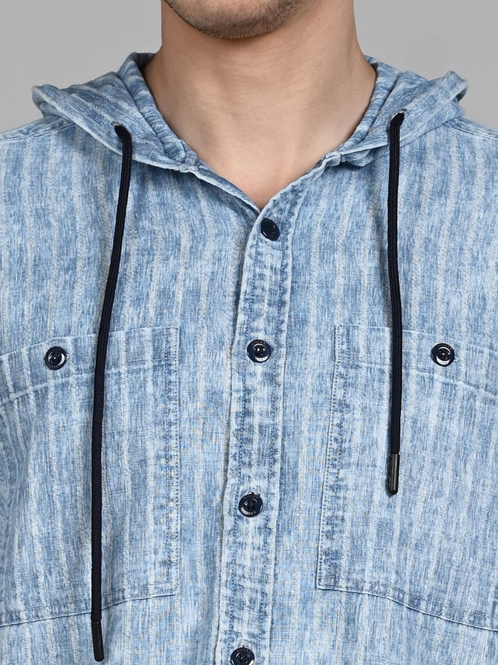 Full Sleeves Straight Fit Light Blue washed Double Pocket Hoodie Indigo Solid Shirt