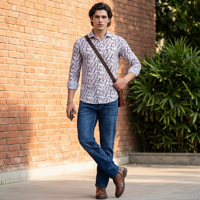 Full Sleeves Straight Fit Maroon All-Over Pure Linen Print Shirt