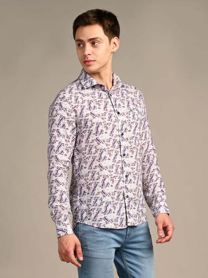 Full Sleeves Straight Fit Maroon All-Over Pure Linen Print Shirt