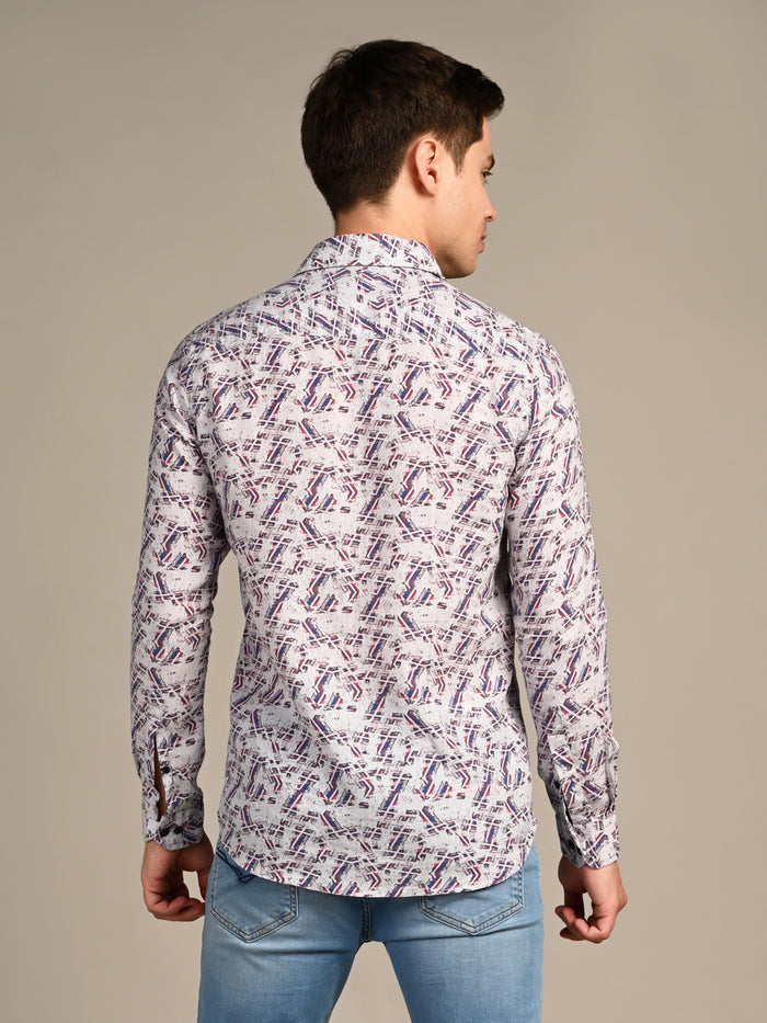 Full Sleeves Straight Fit Maroon All-Over Pure Linen Print Shirt