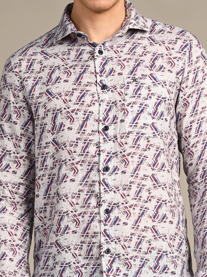 Full Sleeves Straight Fit Maroon All-Over Pure Linen Print Shirt