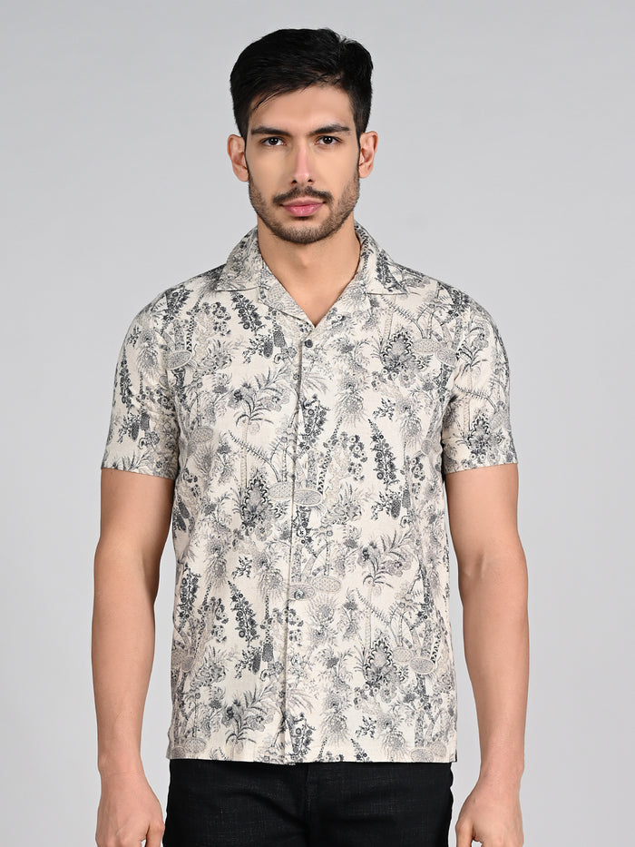 Full Sleeves Straight Fit Natural All-Over Botanical  Cuban Coallar Print Shirt
