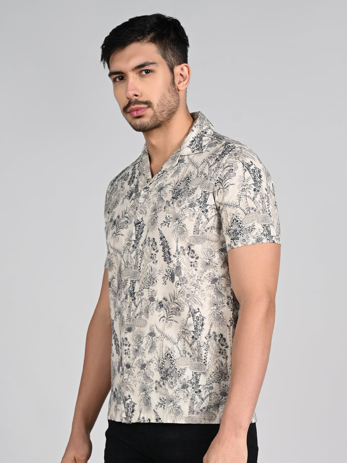Full Sleeves Straight Fit Natural All-Over Botanical  Cuban Coallar Print Shirt