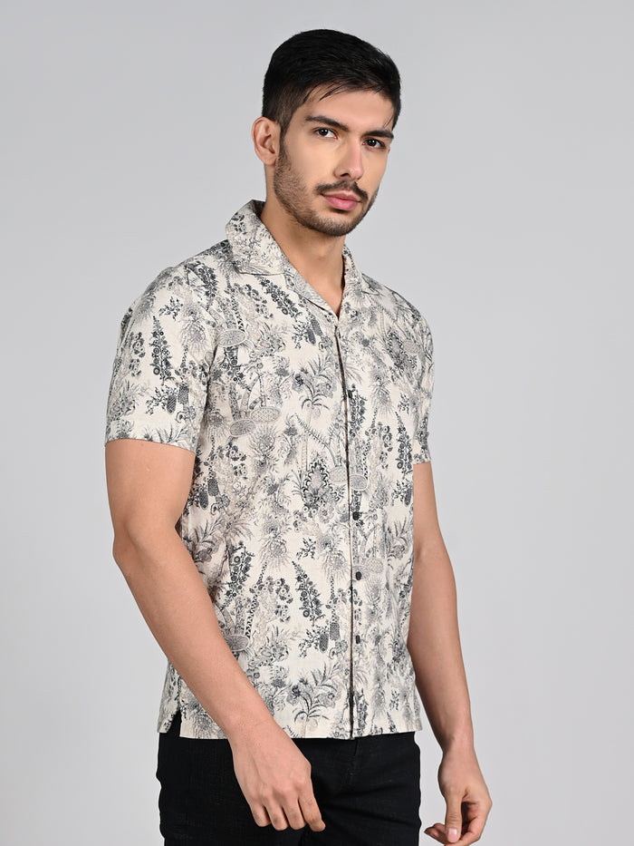 Full Sleeves Straight Fit Natural All-Over Botanical  Cuban Coallar Print Shirt