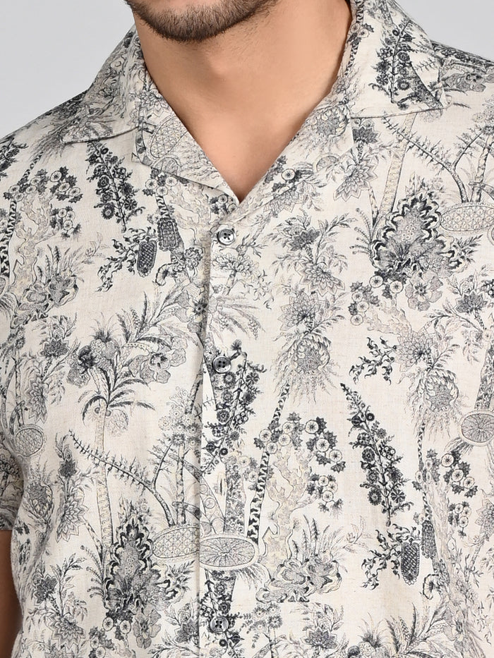 Full Sleeves Straight Fit Natural All-Over Botanical  Cuban Coallar Print Shirt