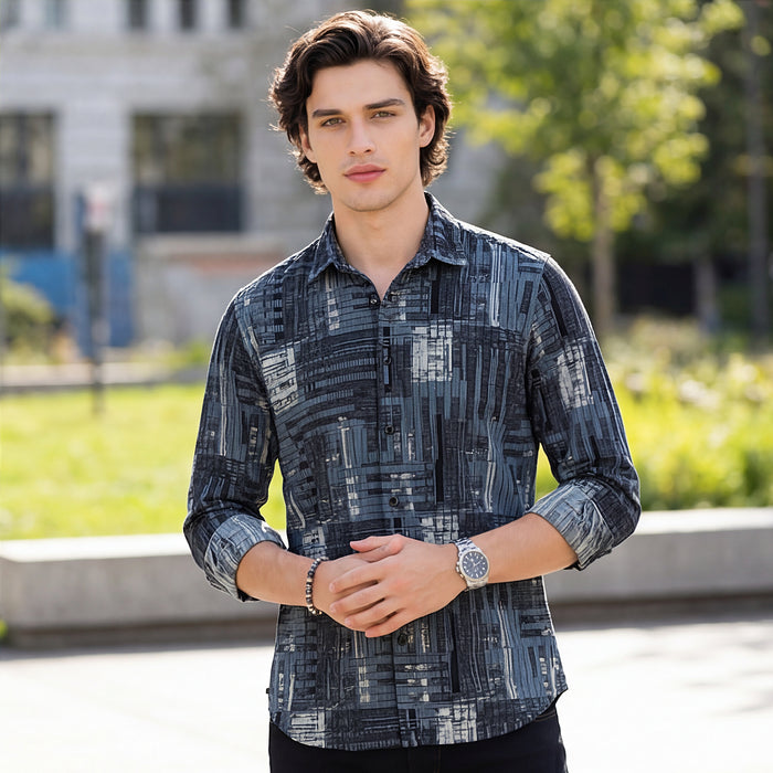Full Sleeves Straight Fit Slate Blue Geometric Patchwork Corduroy Print Shirt