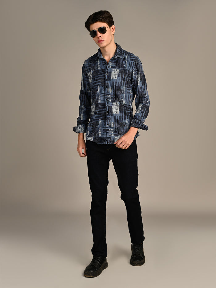 Full Sleeves Straight Fit Slate Blue Geometric Patchwork Corduroy Print Shirt