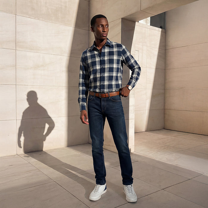 Full Sleeves Straight Fit Slate Blue Heavy Textured Checks Shirt