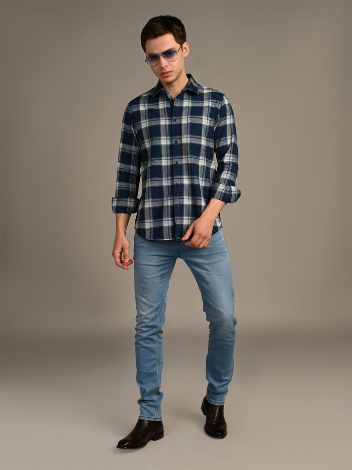Full Sleeves Straight Fit Slate Blue Heavy Textured Checks Shirt