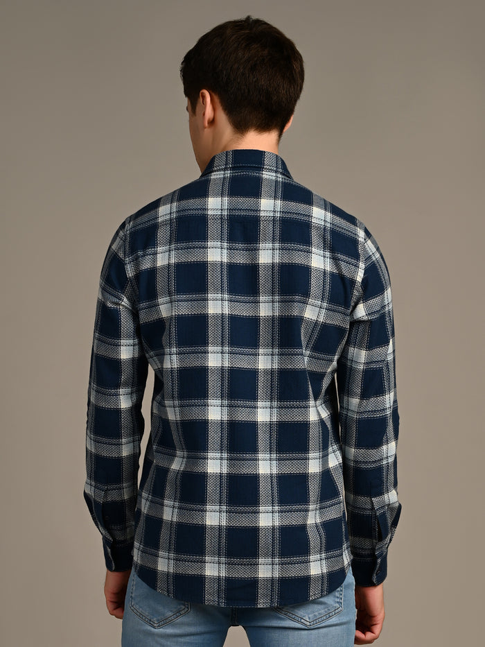 Full Sleeves Straight Fit Slate Blue Heavy Textured Checks Shirt