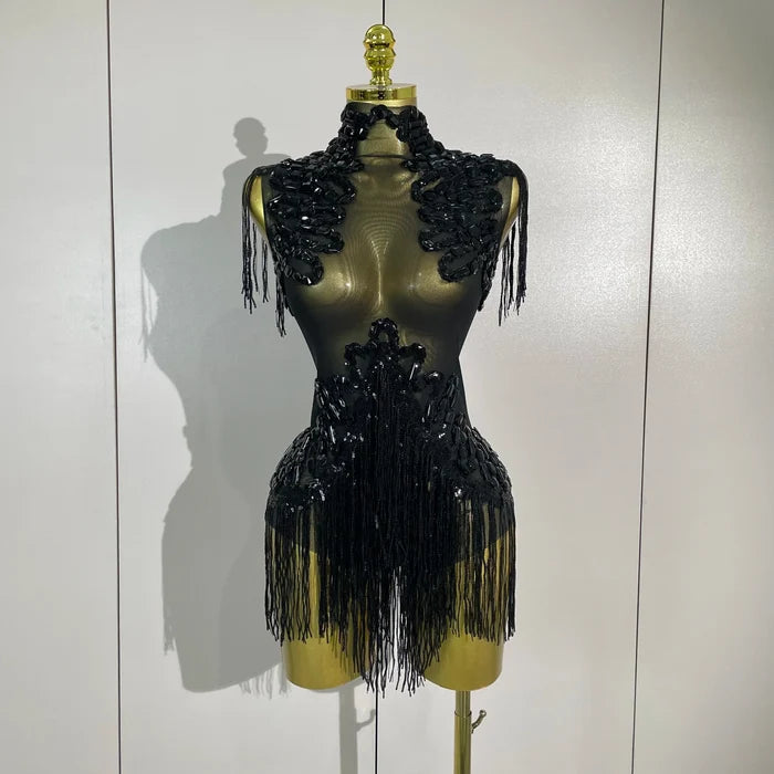 Sparkly rhinestone sequin tassel mesh stretch bodysuit for women’s party, birthday, and stage wear.