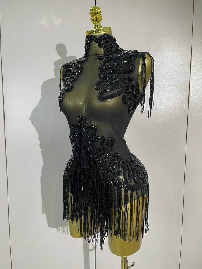 Sparkly rhinestone sequin tassel mesh stretch bodysuit for women’s party, birthday, and stage wear.