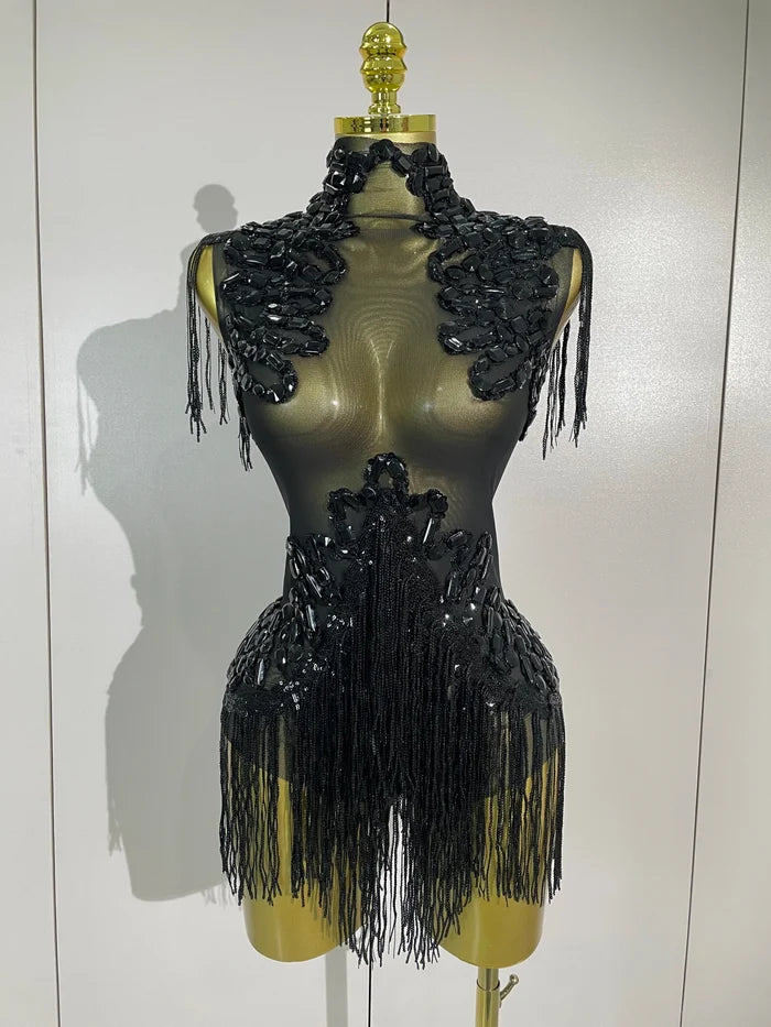 Sparkly rhinestone sequin tassel mesh stretch bodysuit for women’s party, birthday, and stage wear.