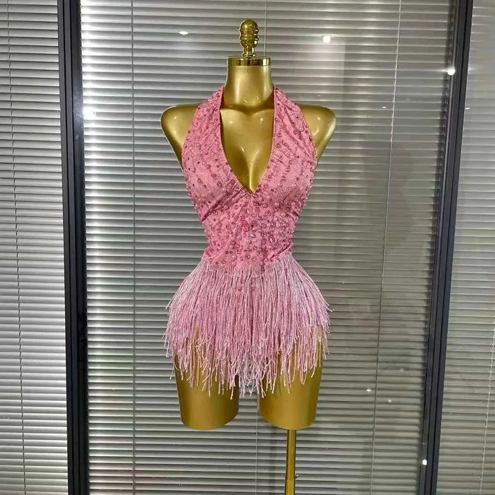 Gelie Sexy Backless Beaded Tassel Bodysuit for Women