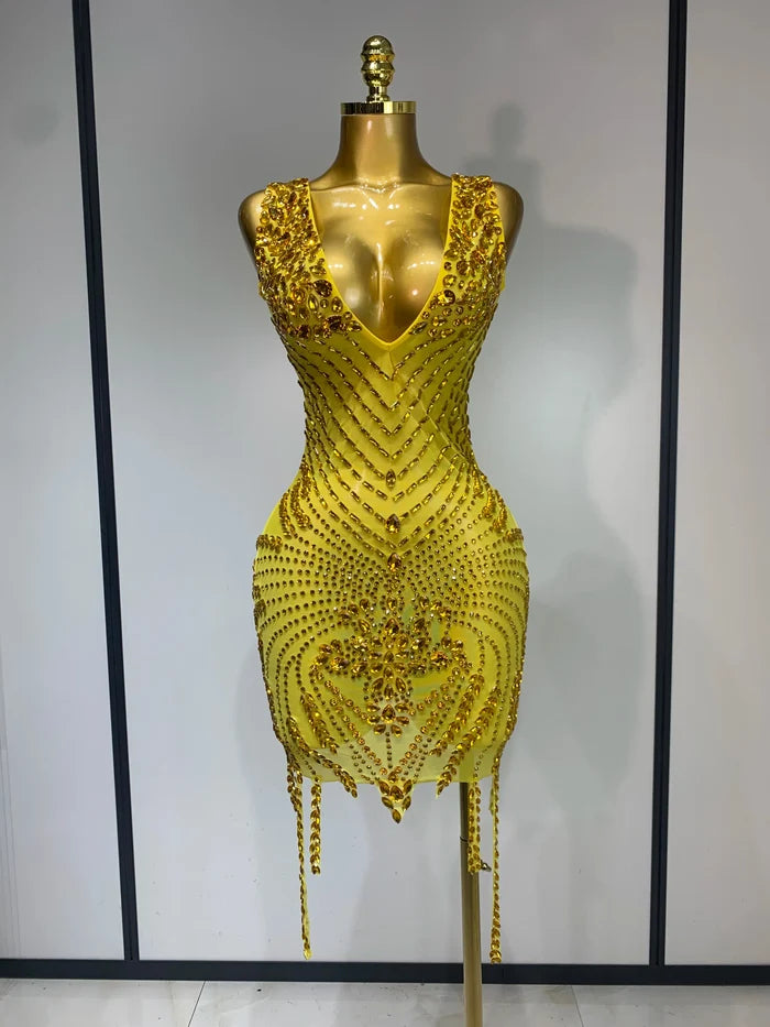 Genesis sparkly rhinestone bodycon mesh dress for birthday celebration and nightclub styling