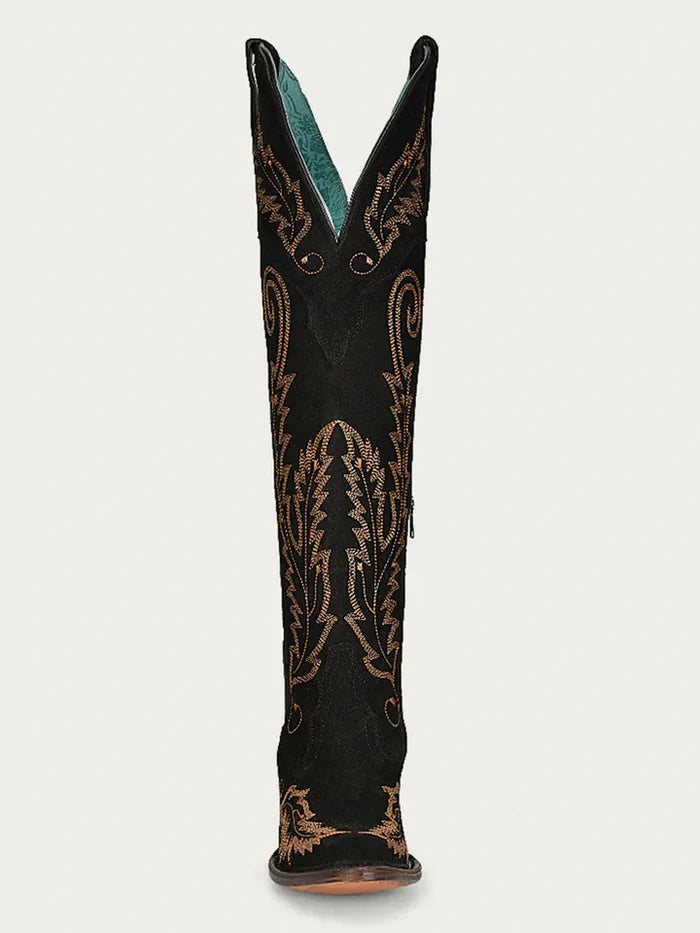 GOLD EMBROIDERY BLACK SUEDE TALL TOP J TOE COWBOY BOOT