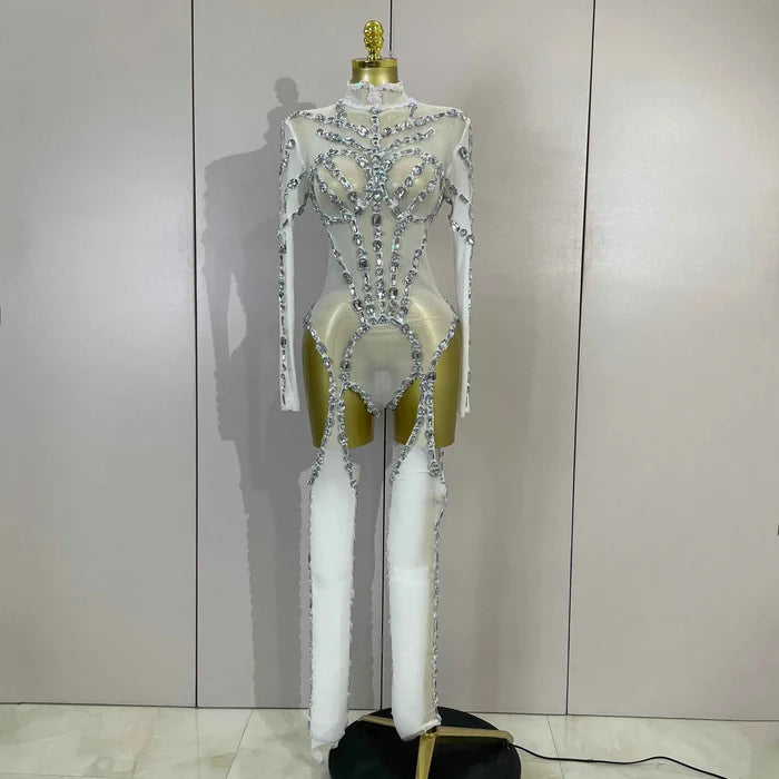 Grace Sparkly Diamond Sequin Long Sleeve Mesh See-Through Jumpsuit