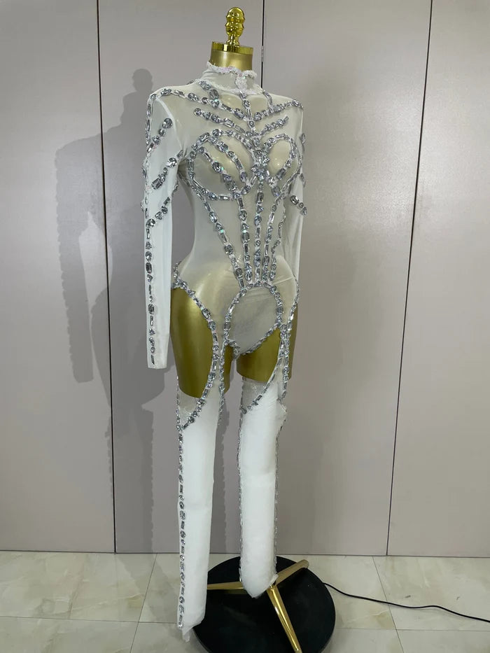 Grace sparkly diamond sequin long sleeve mesh see-through jumpsuit for nightclub and stage performance styling