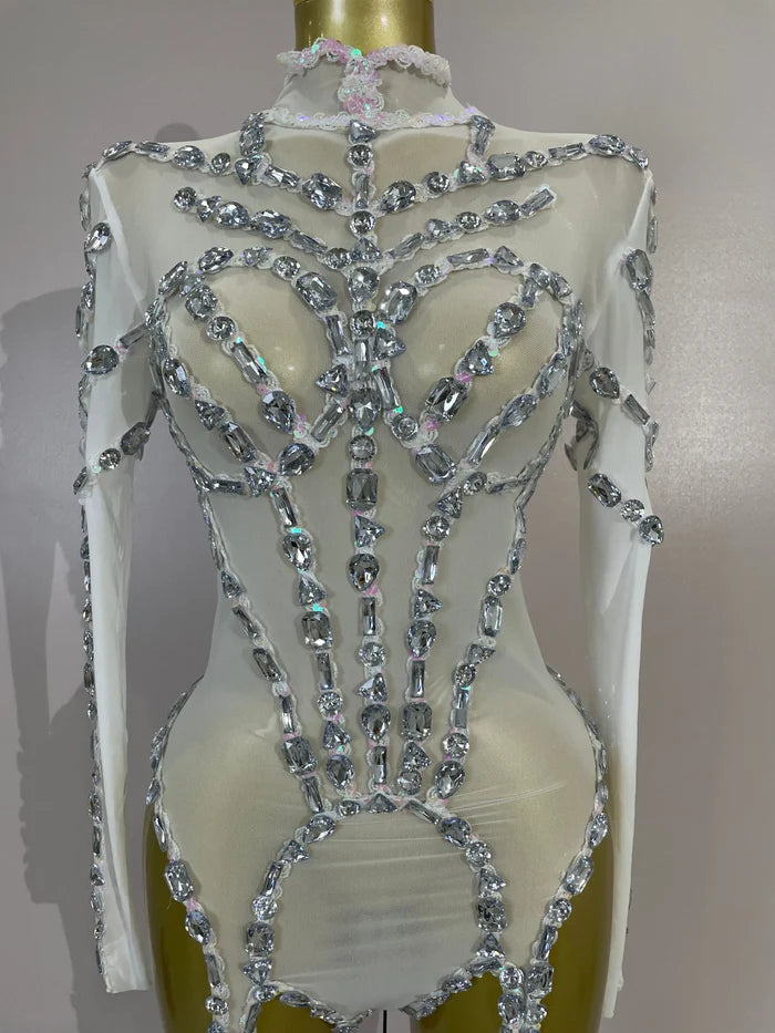 Grace sparkly diamond sequin long sleeve mesh see-through jumpsuit for nightclub and stage performance styling