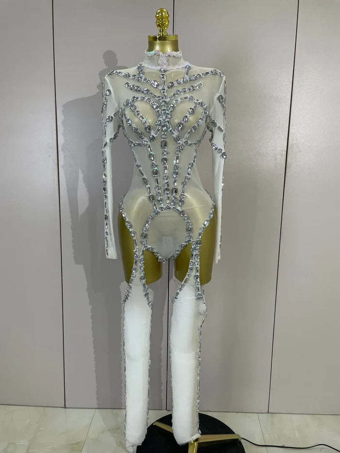 Grace sparkly diamond sequin long sleeve mesh see-through jumpsuit for nightclub and stage performance styling