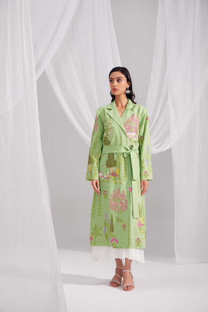 Green Linen Enchanted Garden Long Jacket