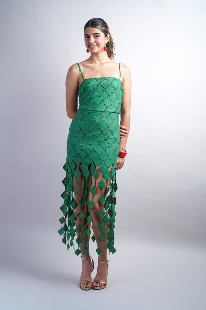 Green Strappy Mini Dress W/ Diamond Drop Trim