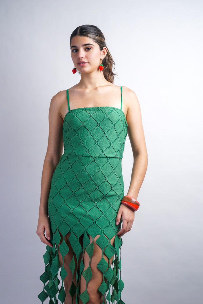 Green Strappy Mini Dress W/ Diamond Drop Trim