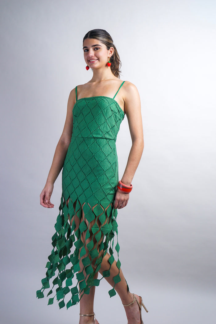 Green Strappy Mini Dress W/ Diamond Drop Trim