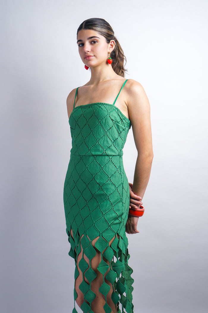 Green Strappy Mini Dress W/ Diamond Drop Trim