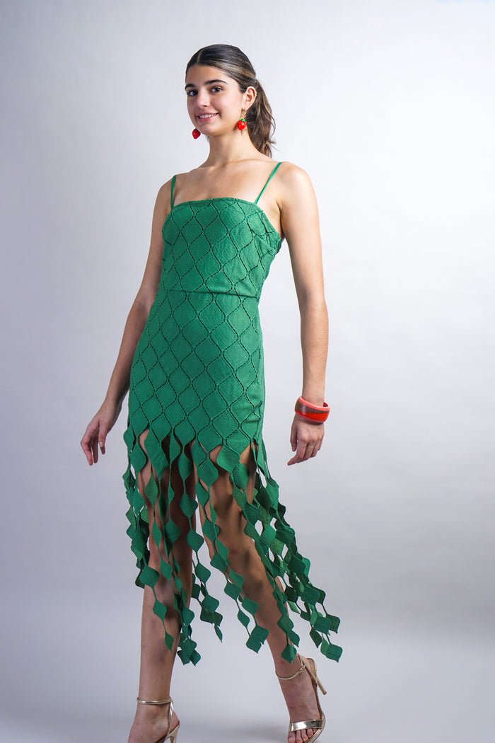 Green Strappy Mini Dress W/ Diamond Drop Trim