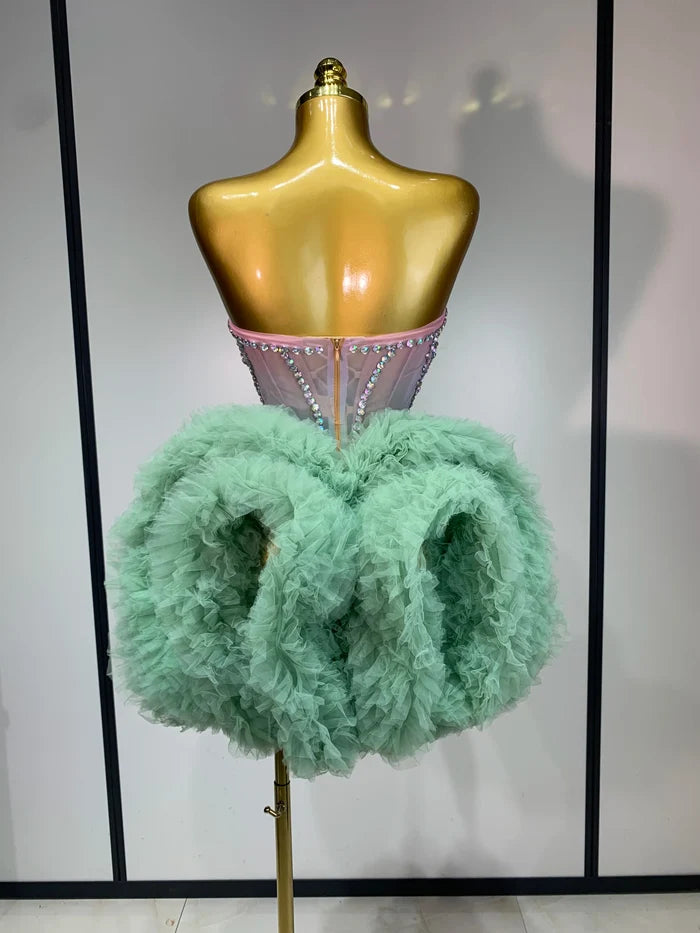 Gwen sexy strapless backless mesh dress with green diamond crystals