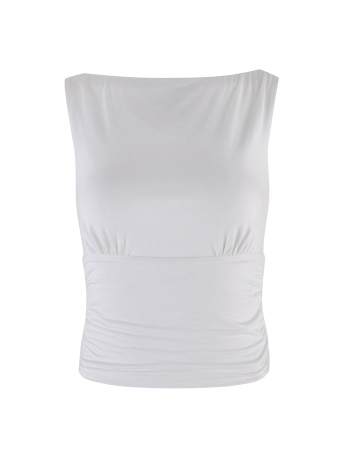 The GWYN TOP - WHITE by TIGERMIST is a sleeveless, fitted blouse featuring a subtle boat neckline and delicate side ruching. Its smooth, slightly stretchy fabric ensures a snug fit around the bust and waist. This simple yet elegant design is perfect for various occasions.