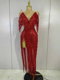 Haelena Sexy Mesh See-Through Long Dress Sparkly Red Diamond Tassel