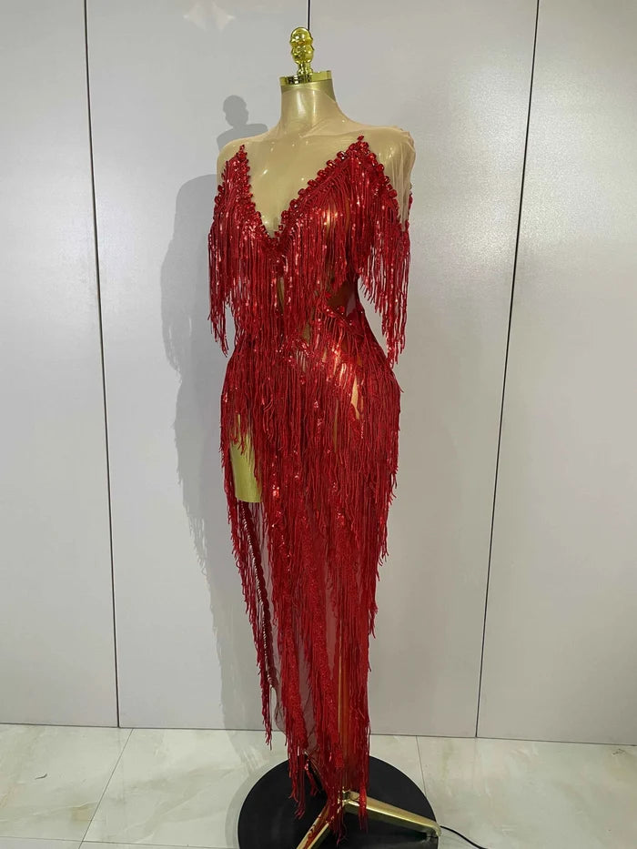 Haelena Sexy Mesh See-Through Long Dress Sparkly Red Diamond Tassel