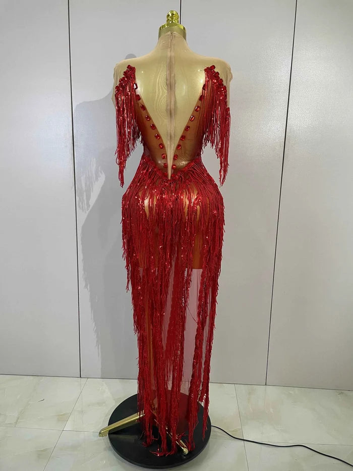 Haelena Sexy Mesh See-Through Long Dress Sparkly Red Diamond Tassel